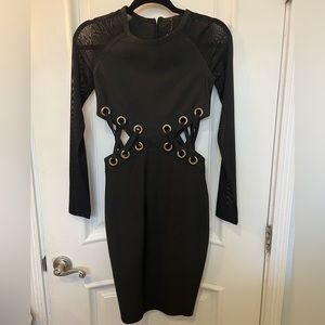 Black form fitting dress with side cut outs, sheer long sleeve, Size small